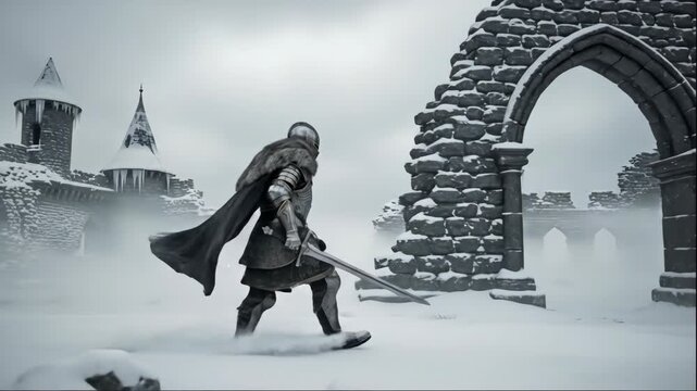 Armored knight with sword walking through snowy medieval castle ruins with a flowing cape and fur collar on a winter day.