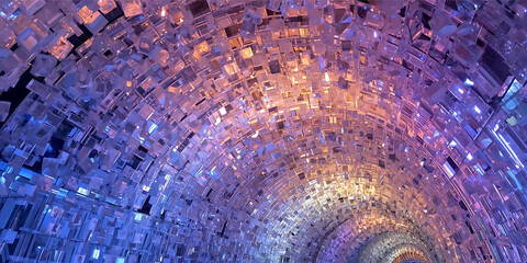 Mesmerizing tunnel of reflective multi-colored cubes with vibrant rainbow gradient, dynamic futuristic abstract digital art