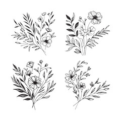 Floral botanical line art. Bouquets. Minimal drawn elements of wild and garden plants, branches, leaves, flowers, herbs. Vector illustration.