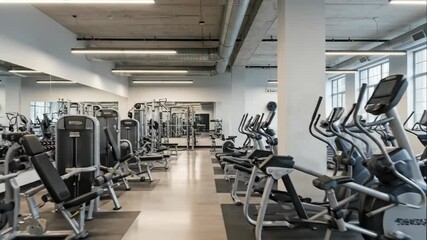 Modern and spacious empty gym interior with diverse exercise equipment, fitness machines, and cardio area for a healthy lifestyle. - Powered by Adobe
