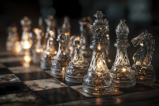Intricate glass chess pieces illuminated on a dark wooden chessboard during a calm evening gathering
