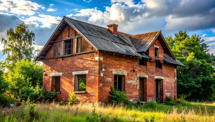 Abandoned Brick House in Overgrown Field Under Cloudy Sky.