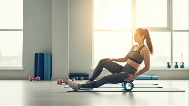 Young caucasian woman performing glute and back stretches with a foam roller on a yoga mat in a sunny gym for fitness