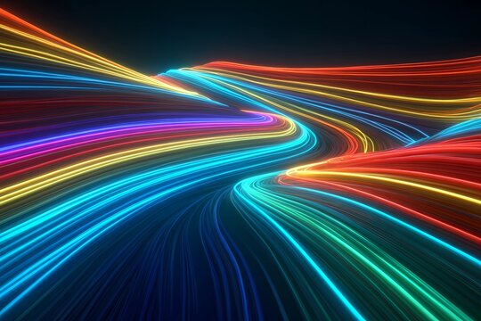 Colorful light trails create a vibrant, abstract landscape at night with flowing patterns in motion