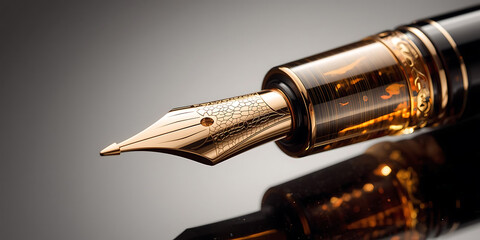 Close-up luxury fountain pen with gold nib and transparent barrel on reflective surface, timeless elegance