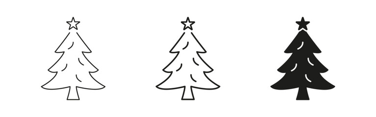 Fototapeta premium Christmas Tree With Star In Line, Outline, And Glyph Icon Set. Festive Holiday Decoration And Celebration Symbol Collection. Seasonal Design For Greeting Cards. Isolated Vector Illustration