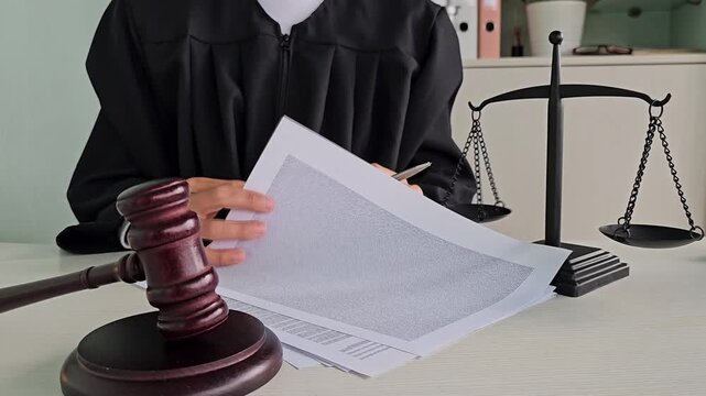 Judge reviewing legal documents with gavel and scales of justice in a courtroom setting