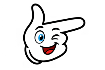 Hand gesture winking cartoon character pointing direction with cheerful expression and transparent background