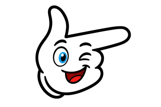 Hand gesture winking cartoon character pointing direction with cheerful expression and transparent background