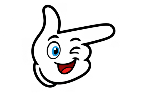 Hand gesture winking cartoon character pointing direction with cheerful expression and transparent background
