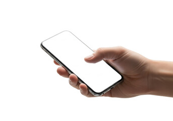 Hand holding modern smartphone with blank screen for digital interaction and communication transparent background
