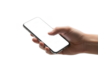 Hand holding modern smartphone with blank screen for digital interaction and communication transparent background