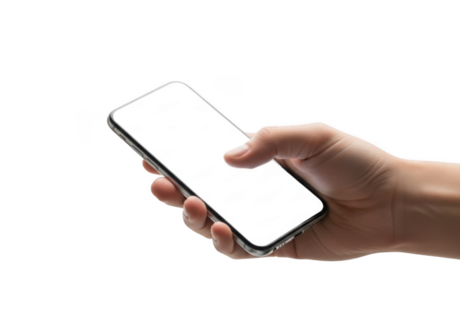 Hand holding modern smartphone with blank screen for digital interaction and communication transparent background