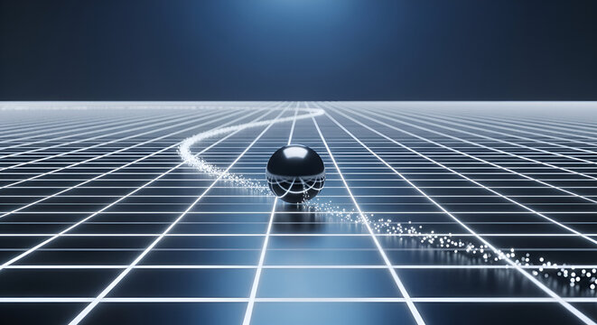 Abstract sphere rolling on a futuristic neon grid leaving a glowing particle trail