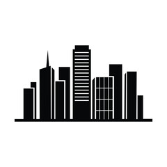 Naklejka premium City Skyline Silhouette with Castle, Clock Tower, Church, and Modern Skyscrapers – Black Icon of Urban Heritage and Architectural Contrast