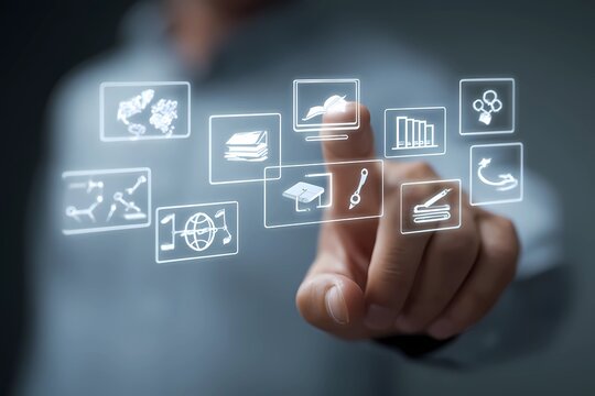 Person interacting with digital icons on a virtual display in a modern office setting