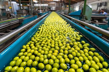 Green olives being processed on a conveyor belt in a large industrial facility during daylight hours