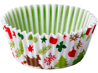 Christmas-themed green paper cupcake liner with festive print isolated on transparent background, perfect for holiday baking designs.