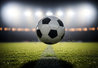 Fototapeta premium Soccer ball flying above grass field under stadium lights during night match