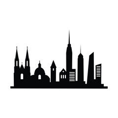 Fototapeta premium City Skyline Silhouette with Church Spires and Skyscrapers – Minimalist Black Icon of Urban Heritage and Modern Architecture