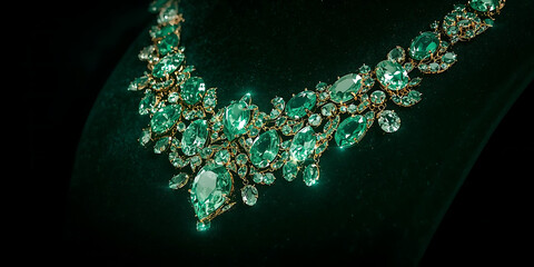 Luxurious emerald necklace with sparkling white gemstones on dark background, elegance, glamour, and opulent design