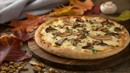 Delicious mushroom pizza on a wooden board with autumn leaves