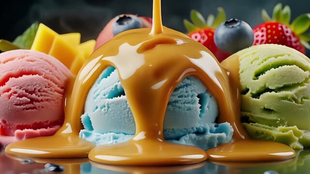 Video of vibrant fruit flavored ice cream scoops strawberry, mango, blueberry, and kiwi drizzled with rhick golden caramel cream in slow motion