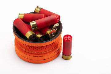 Clay shooting target and shotgun bullets on white background ,Clay Pigeon target game