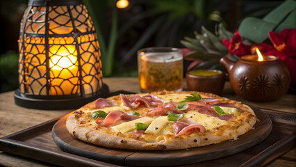 Delicious pizza with toppings served outdoors at night with lantern light