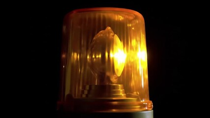 Closeup of a bright yellow emergency warning light flashing and rotating in the dark symbolizing danger alert or an urgent situation requiring immediate attention and caution.