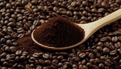 Freshly ground coffee on a wooden spoon with roasted coffee beans