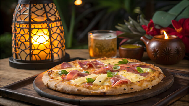 Delicious pizza with toppings served outdoors at night with lantern light - Powered by Adobe
