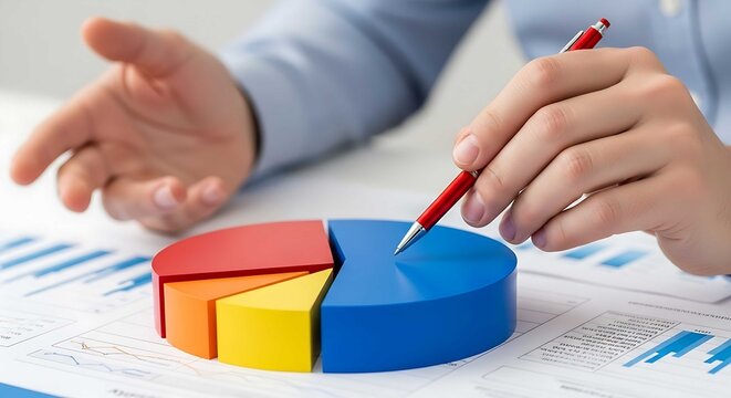 Business professional analyzing colorful pie chart with pen, data analysis concept