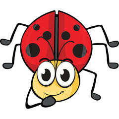 Obraz premium Cute cartoon ladybug with red shell black spots and yellow head with big eyes on transparent background simple illustration