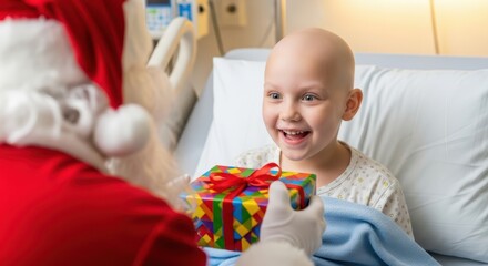 Happy little girl in a hospital bed receiving a Christmas gift from Santa Claus

