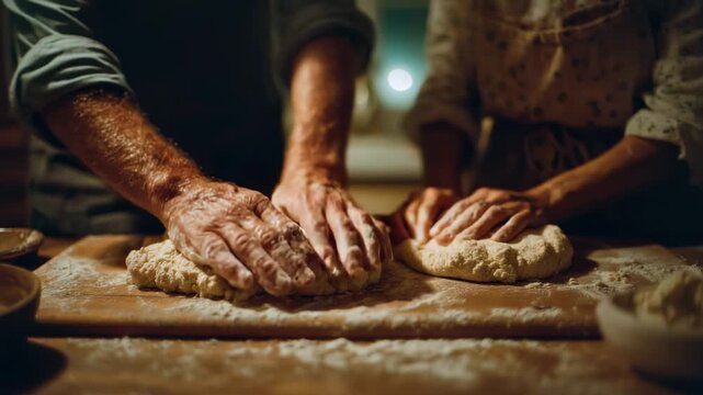 Couples create fresh bread together in a cozy kitchen at night, sharing laughter and joy in the process