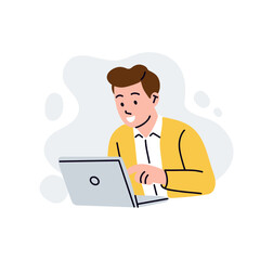 Man working on laptop. Student using computer, online communication. Education internet, employee office work. Programmer or freelancer. Vector cartoon flat style isolated technology illustration