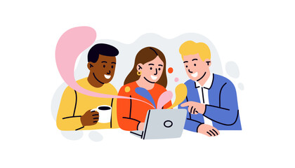 Creative work. Designer using laptop, inspiration and motivation in project. New idea and teamwork online brainstorming. Programmer freelancer. Student education. Vector cartoon isolated illustration