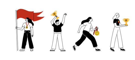 Winner people. Award ceremony. Women and men with golden prize. Happy young sportsmen or businessmen with medals. Victory trophy. Successful team with goblet. Vector cartoon isolated illustration