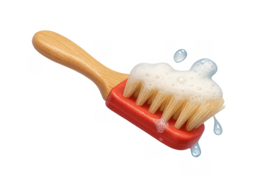 Cleaning brush having soap foam and water drops, scrubbing tool for hygiene and domestic chores on transparent background