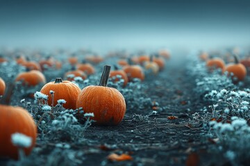 Enchanting pumpkin field amidst autumn's warm embrace. Extravagant style. Magic of pumpkins in a vibrant, whirling leaves forest. Opulent look. Elegant presentation.