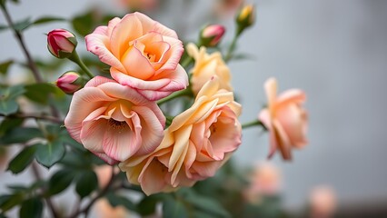 cambium. Rose bush with blossoms in pink, yellow, and cream gradients. gardening catalogs, home-decor guides, designed for home decor and floral branding, used by fitness trainers.