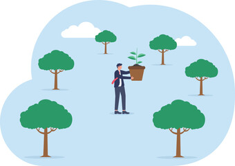 concept of A smart businessman carrying a wind turbine and seedling aims to create green energy
