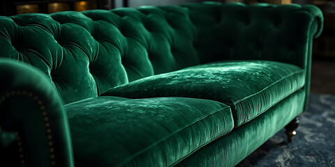 Luxurious emerald green velvet sofa with button-tufted upholstery and rolled arms in cozy elegant room