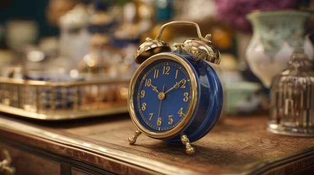 The image displays a classic blue alarm clock resting on an intricately designed wooden table, surrounded by decorative objects. This blue alarm clock enhances the charming setting