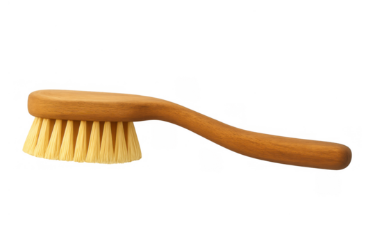 Wooden body brush with natural bristles, ideal for dry brushing, exfoliating, and stimulating skin circulation on transparent background