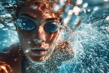 Swimmer diving underwater in a clear pool capturing bubbles and light reflections in the summer