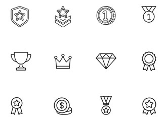 Reward and Achievement Vector Icons – Outline Badges, Coins, and Certificates Set