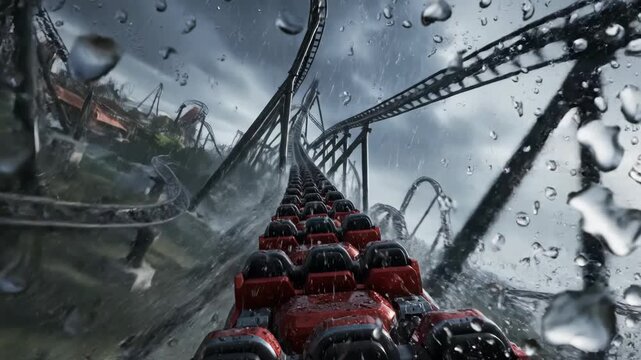 Intense point-of-view roller coaster ride through a dark, stormy, and rainy environment with dramatic lightning.