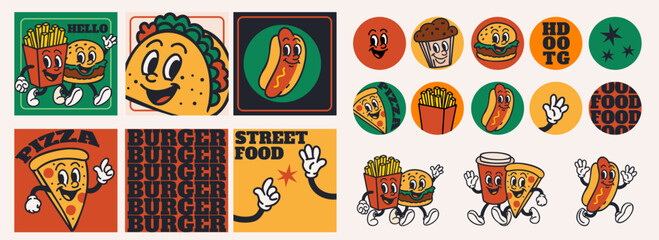 Fast food cards and labels. Vintage mascot. Pizza, funny burger and hot dog. Taco Mexican, sweet muffin and ice cream. French fries snack. Square posters or post. Vector cartoon flat isolated set
